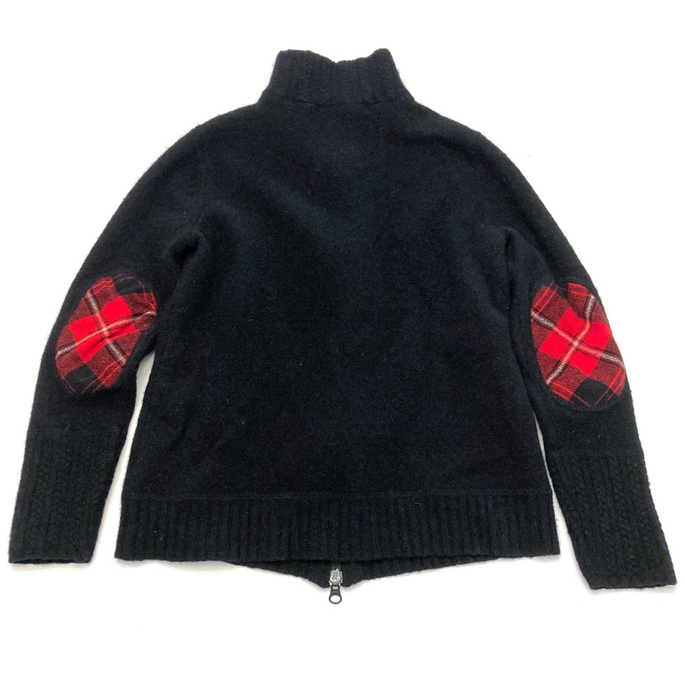 Pendleton Black 100% Wool Zip Up Cardigan Red Plaid Elbow Patches Womens Small - Picture 2 of 7